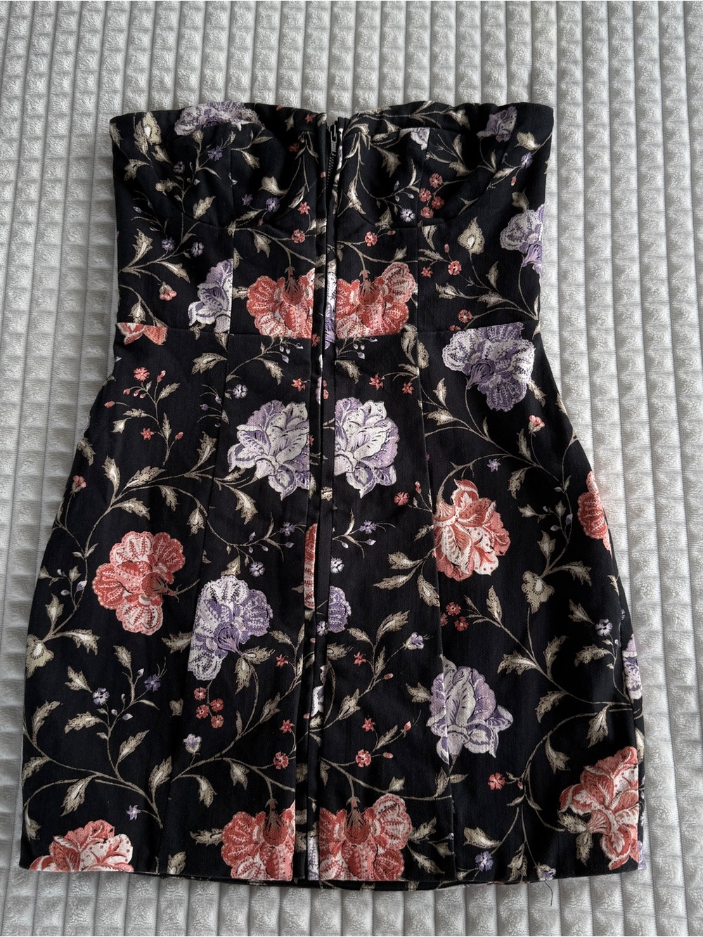 Tularosa Strapless Black Mini Dress with Pink & Purple Floral Print